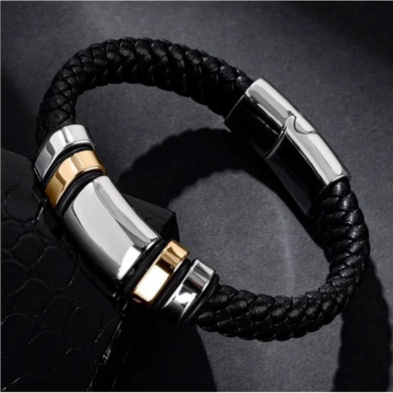 Black Leather Bracelet with Gold & Steel Accents – Gravín Edition
